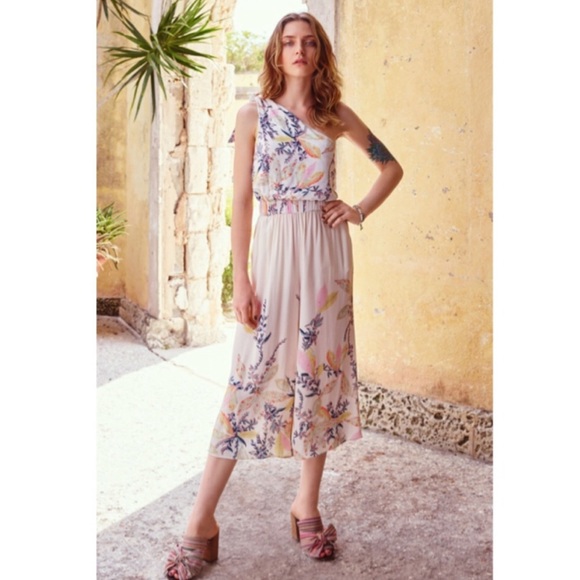 Free People Pants - Free People Island Time Floral Wide Leg Cropped One Shoulder Tie Jumpsuit Small